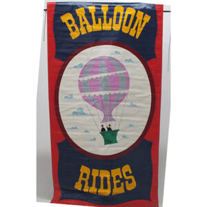 A Vintage Canvas banner that says balloon rides with a hot air balloon.