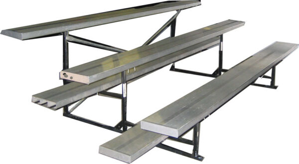 A set of four metal bleachers available for event rentals, set against a clean white background.