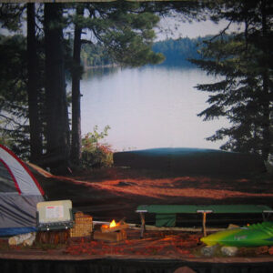 A tent with a fire and an Art Deco Backdrop next to a lake