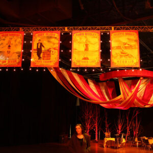 A woman standing in front of a Ceiling Treatment.