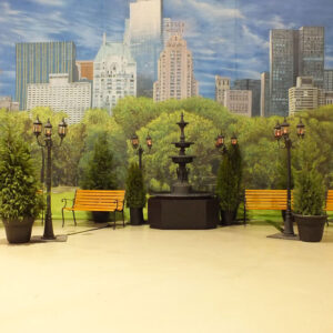 A Central Park backdrop with benches and a fountain.