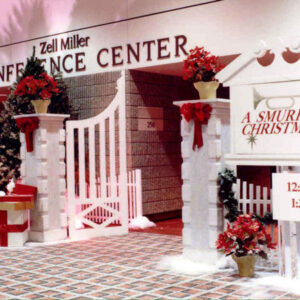 The entrance to a conference center decorated with Christmas Gates.