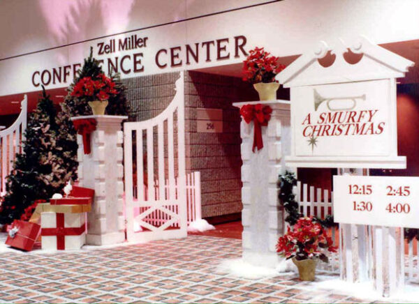 The entrance to a conference center decorated with Christmas Gates.