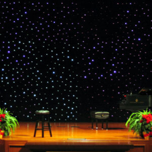 Art Deco Backdrop statues on a stage with a piano.