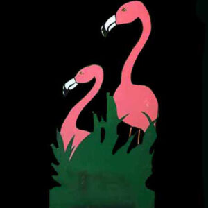 Two pink flamingos on a black background.