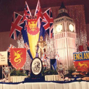 A table set up with flags and London Vignettes.