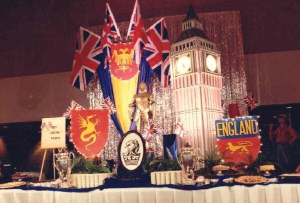 A table set up with flags and London Vignettes.