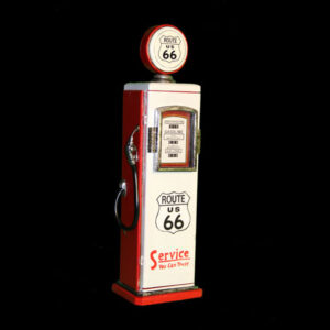 A red and white gas pump on a black background.