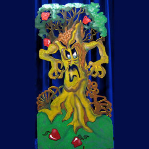 An image of The Talking Tree cutout with an angry face on it.