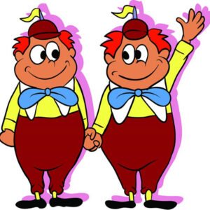 Two Tweedle Dee and Tweedle Dum cutouts holding hands and waving.