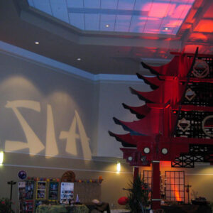 A large chinese pagoda in the middle of a room.