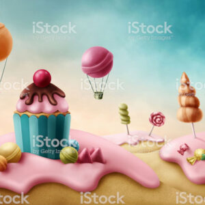 Cupcakes, lollipops and balloons in the Candy Land Backdrop stock photo.