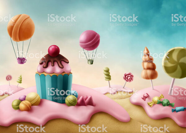 Cupcakes, lollipops and balloons in the Candy Land Backdrop stock photo.