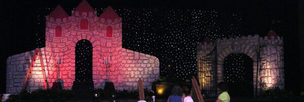 A Fire Eater with a castle in the background.