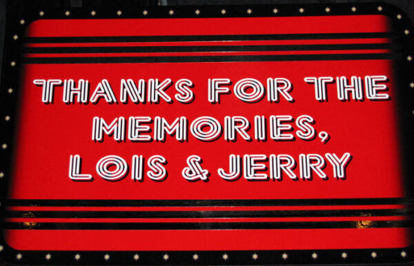 A sign that says thanks for the memories, Custom Marquis Neon Graphic.