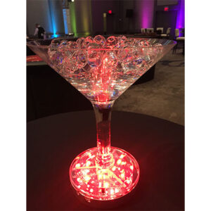 A Large Lighted Martini Glass Centerpiece with led lights on top.