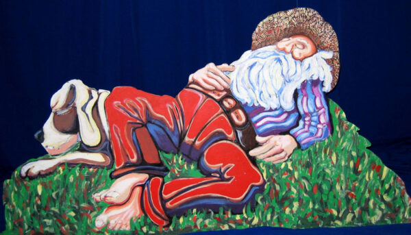 A painting of a man laying in the grass with a dog.