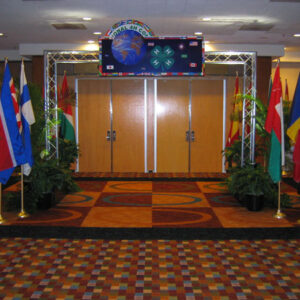 A group of flags in a hallway.