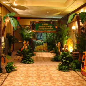 A hallway decorated for a zoo theme.