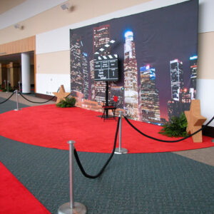 A LA Skyline Photo Op carpet in a room.