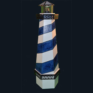 A lighthouse with a blue and white stripe on it.