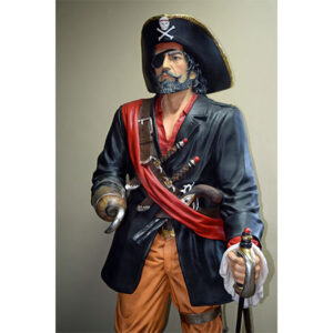 A Pirate statue holding a sword.