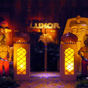 A group of Luxor Entrance statues in a room.