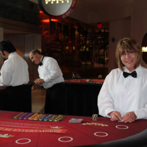 A woman wearing a Blackjack Tables.