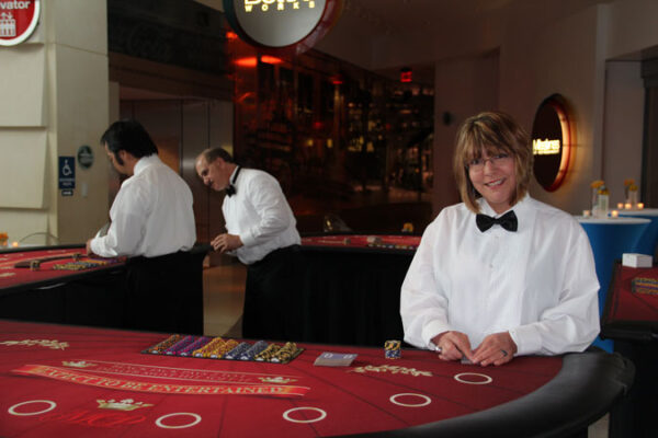 A woman wearing a Blackjack Tables.