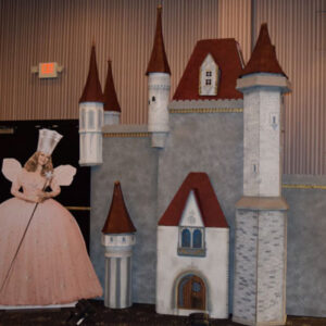 An Ice Wizard in a pink dress standing in front of a castle.