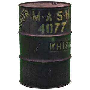 An Army Barrel with the word mash on it.