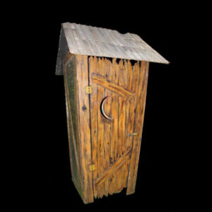 A wooden Outhouse on a black background.