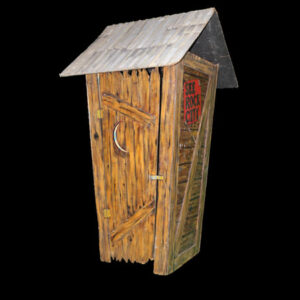 A Outhouse with a wooden door.