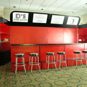 A Red 50's Diner bar with stools.