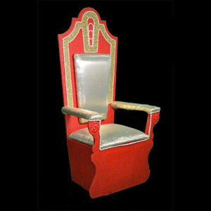 A red and gold baby throne with a silver seat.