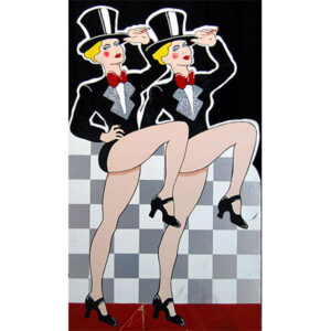 A painting of two women in top hats on a checkered board called Character Flats.