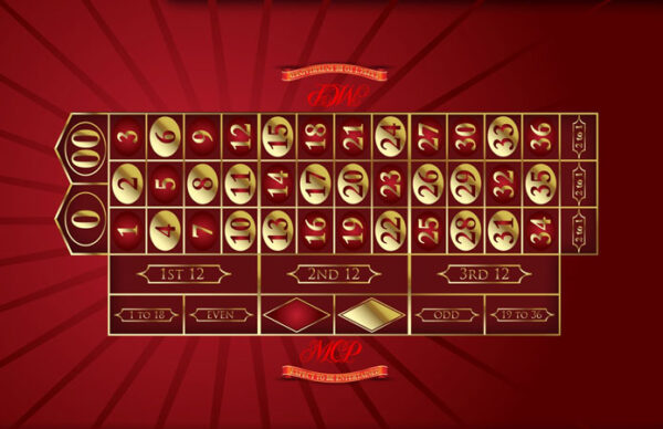 A casino roulette table with golden numbers on a red background.