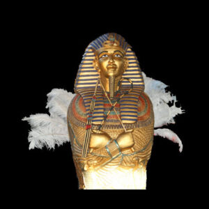 An Egyptian Gold Sarcophagus with feathers on a black background.