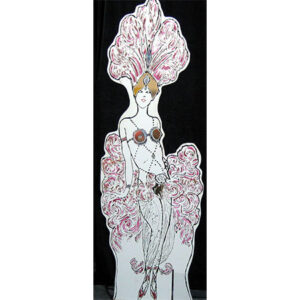 A Showgirl Flats cardboard cutout of a woman with feathers.