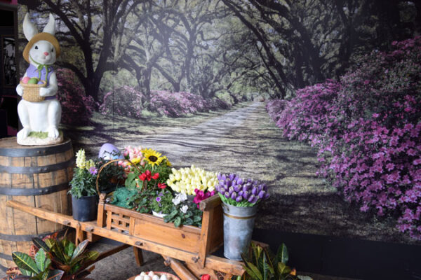 A Flower Cart is sitting on a wooden cart in front of a mural.