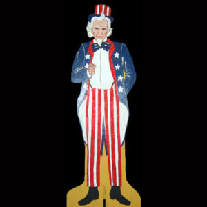 A wooden statue of Uncle Sam Flat.