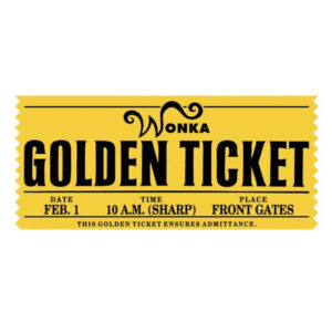 A yellow and black Wonka Ticket with the words 'Wonka Golden Ticket'.