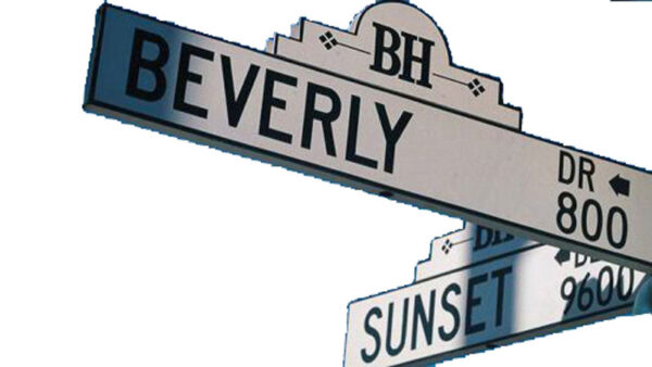 A Hollywood Street Signs with the words beverly rd and sunset rd.