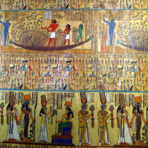 An egyptian mural depicting Cargo Boxes gods and goddesses.