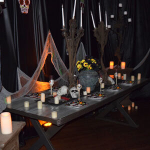 A casket set up for a halloween party.