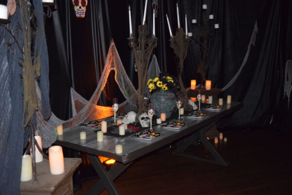 A casket set up for a halloween party.