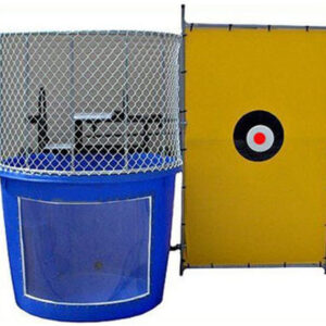 A blue bucket with a target in it, perfect for carnival games and party concessions.