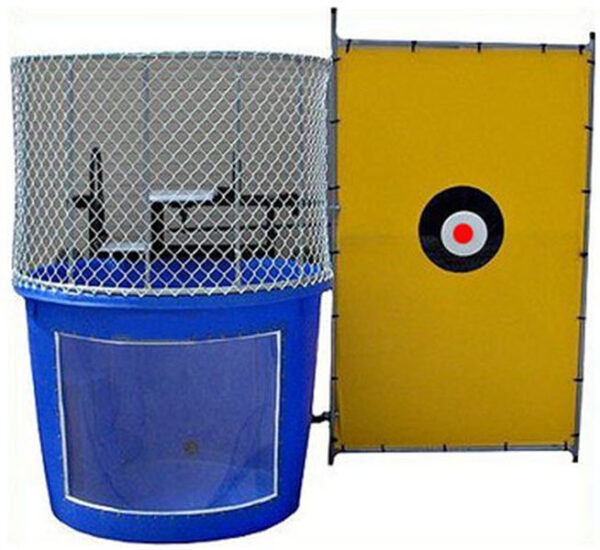 A blue bucket with a target in it, perfect for carnival games and party concessions.