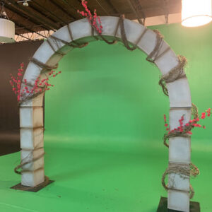 A green screen with an arch in front of it.