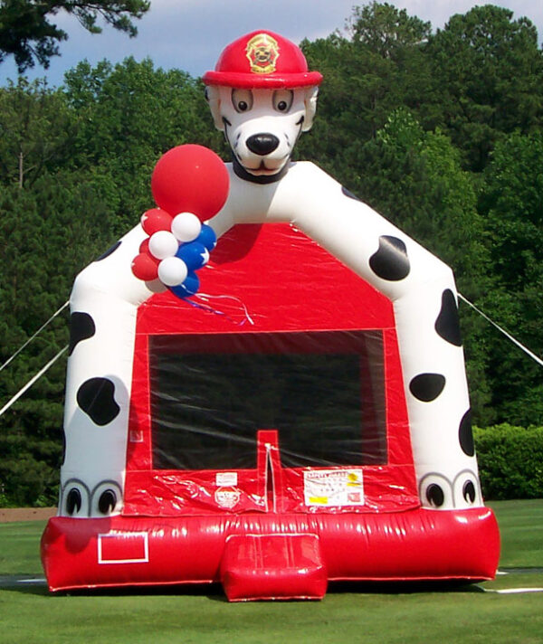 An inflatable obstacle course with a red and white dalmatian on it, perfect for inflatable games entertainment.